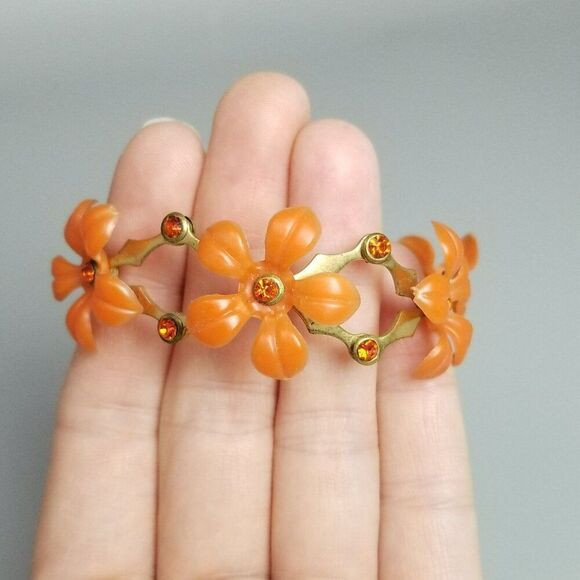 Vintage Orange Plastic Flower Rhinestone Expansion Stretch Bangle Bracelet Retro - Picture 9 of 9